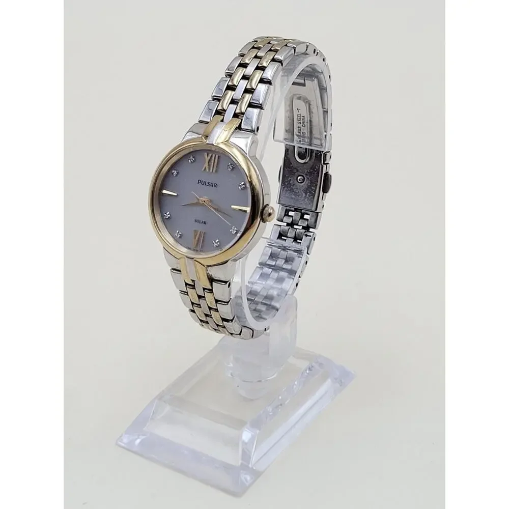Pulsar Solar Womens Wristwatch Two Tone Silver Gold Stainless Steel AS01 672090